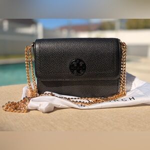NWT Tory Burch Olivia Shoulder Crossbody Leather Mini Bag Black with Gold Chain